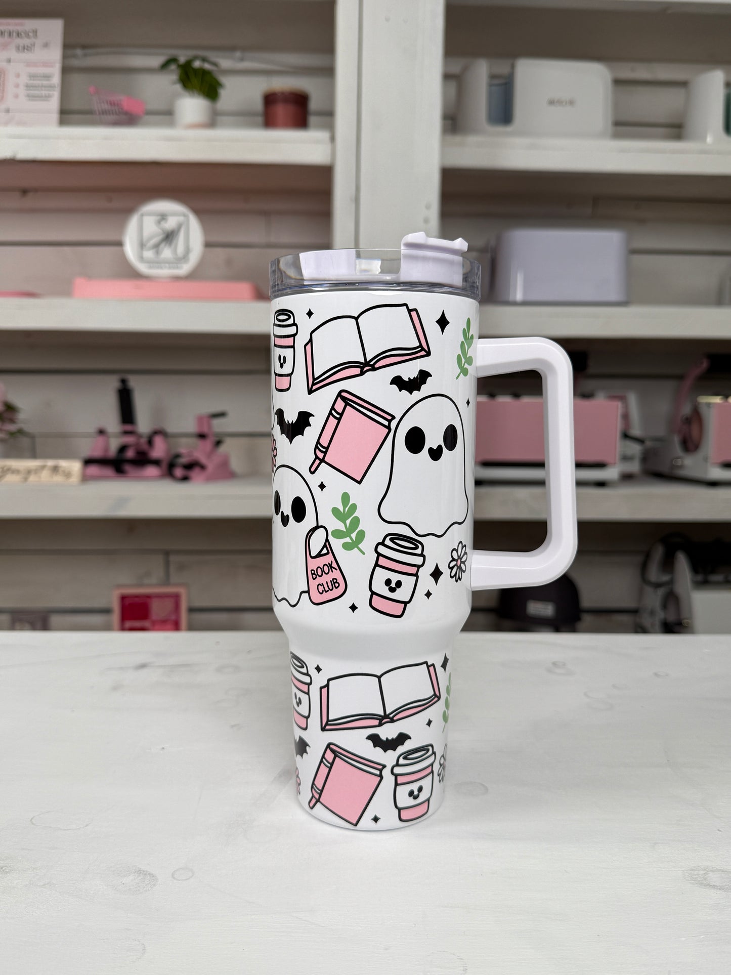 Bookish Ghosts 40oz tumbler, Book Club quencher, Book Ghostie custom tumbler