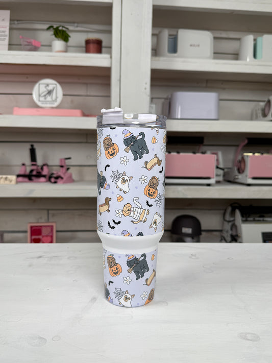 Halloween Costume Doggies 40oz tumbler, Spooky Dog Vibes quencher, Halloween Dogs custom tumbler