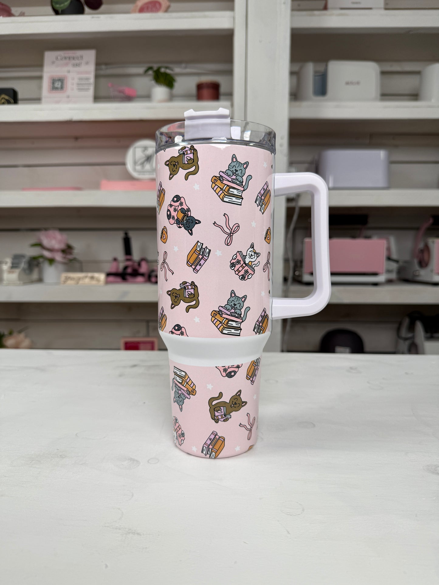 Cozy Bookish Cats 40oz tumbler, Cozy Book Vibes quencher, Books and Cats custom tumbler