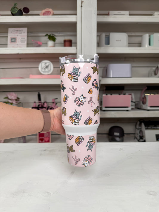 Cozy Bookish Cats 40oz tumbler, Cozy Book Vibes quencher, Books and Cats custom tumbler
