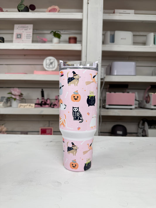 Halloween Bookish Cats 40oz tumbler, Spooky Book Vibes quencher, Halloween Books and Cats custom tumbler