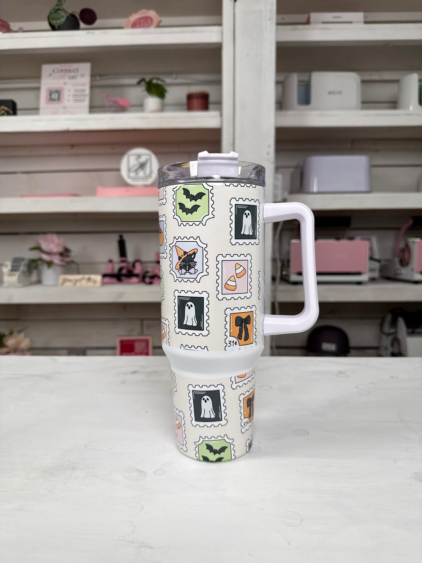 Halloween Vintage Stamps 40oz tumbler, Spooky Stamps quencher, Halloween Stamps custom tumbler
