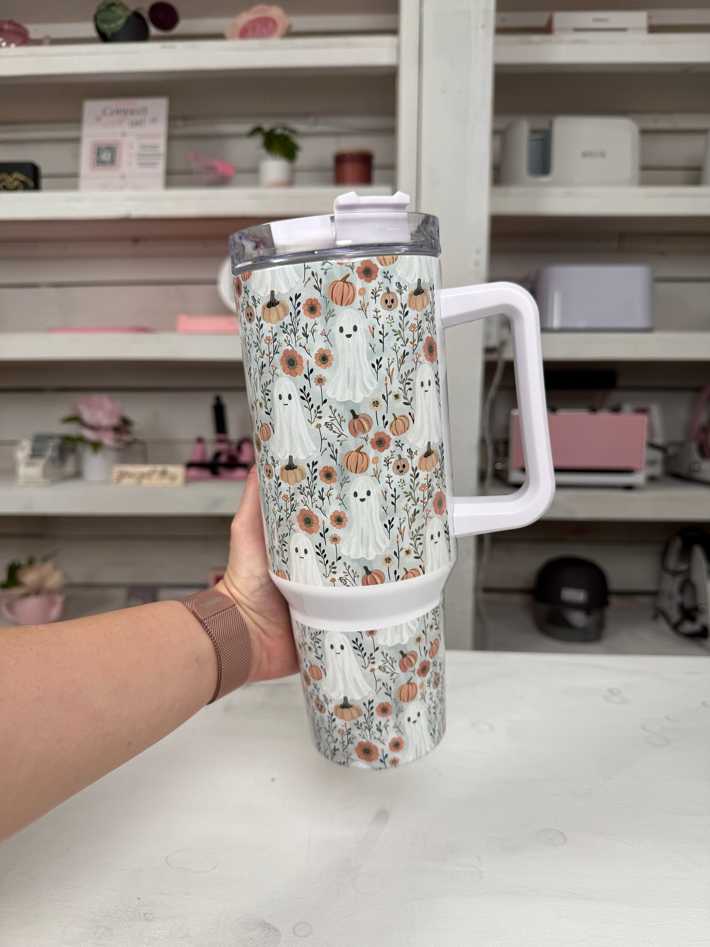Fall Pumpkin Ghosties 40oz tumbler, Fall Ghost Vibes quencher, Fall custom tumbler
