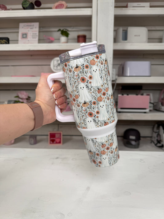 Fall Pumpkin Ghosties 40oz tumbler, Fall Ghost Vibes quencher, Fall custom tumbler