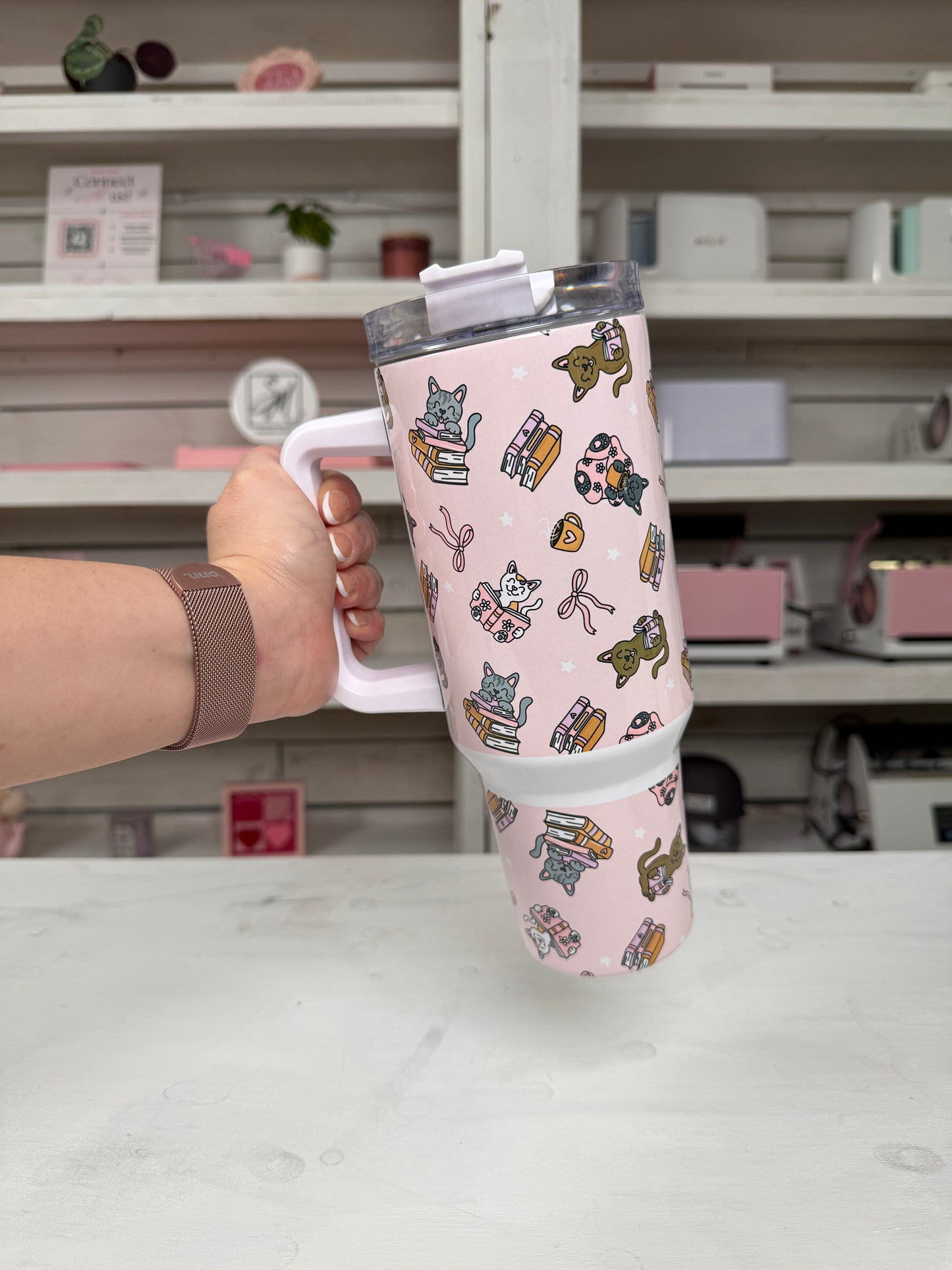 Cozy Bookish Cats 40oz tumbler, Cozy Book Vibes quencher, Books and Cats custom tumbler