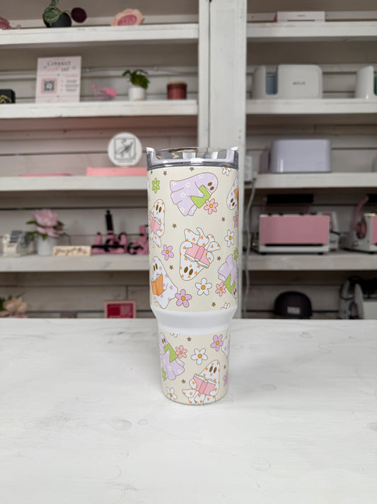 Groovy Ghosties 40oz tumbler, Retro Ghosties quencher, Floral Ghosts custom tumbler