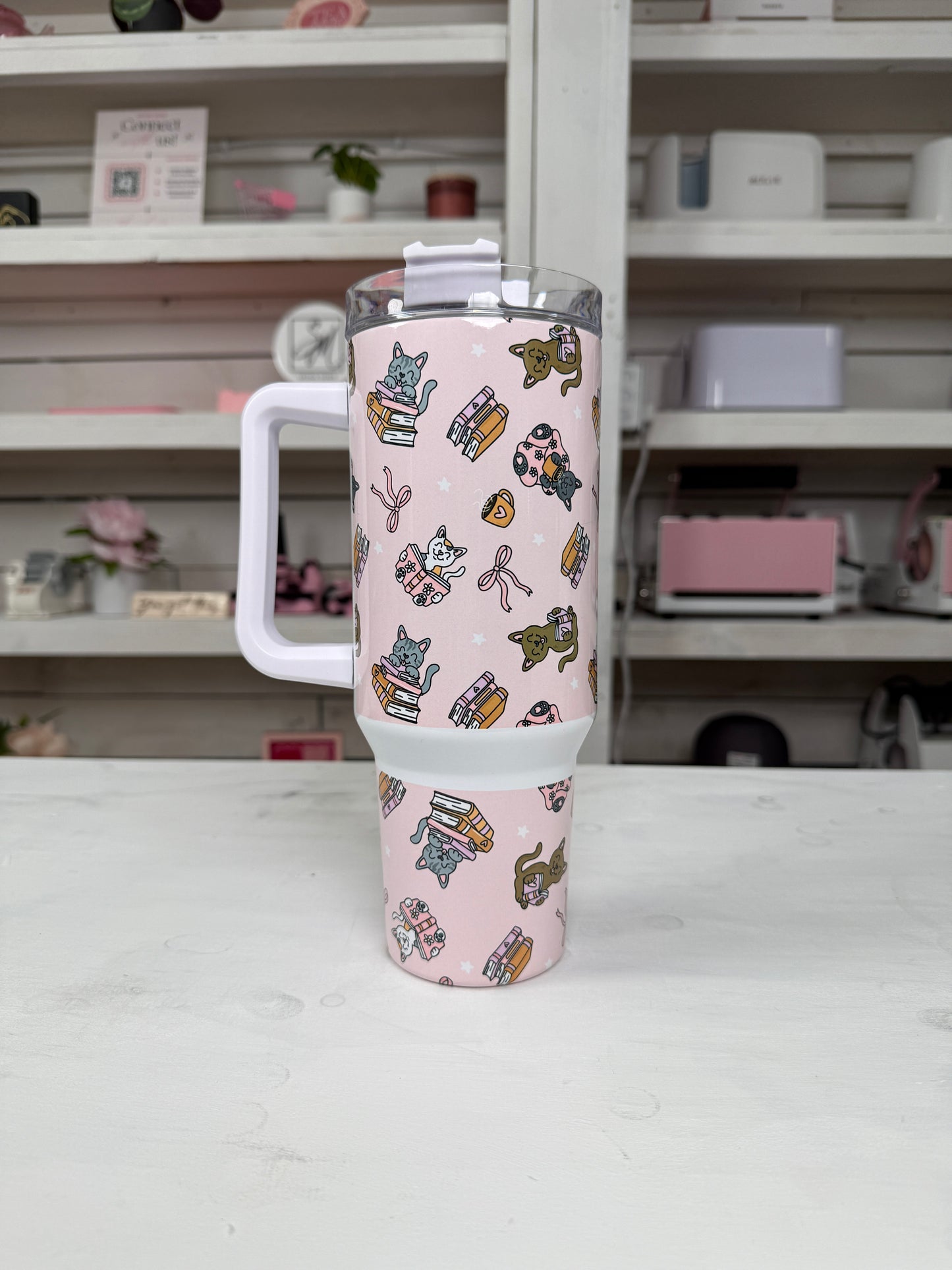 Cozy Bookish Cats 40oz tumbler, Cozy Book Vibes quencher, Books and Cats custom tumbler