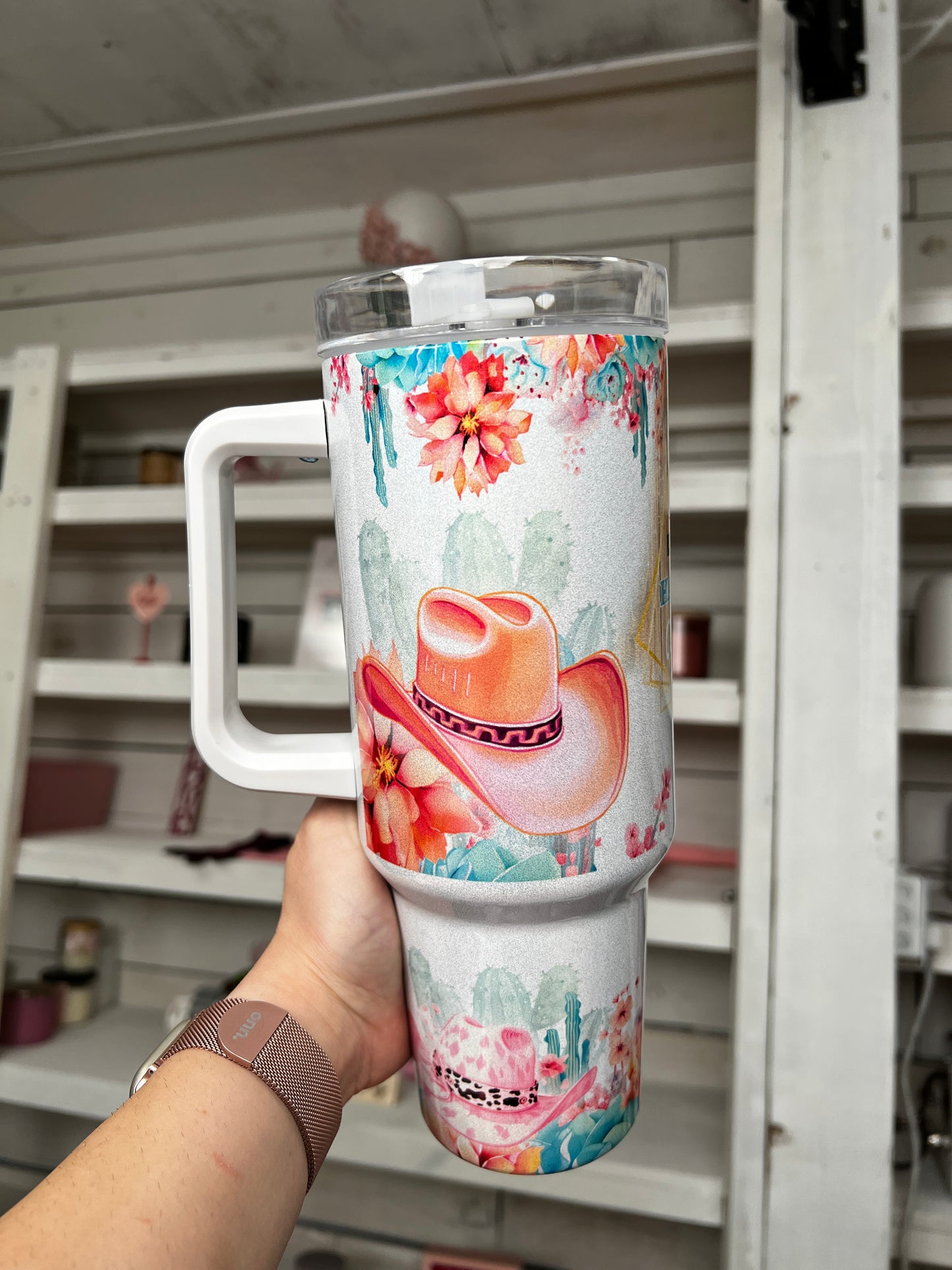 Cowgirl Shimmer Hat 40oz tumbler, Girly Cowgirl quencher, Western Tumbler