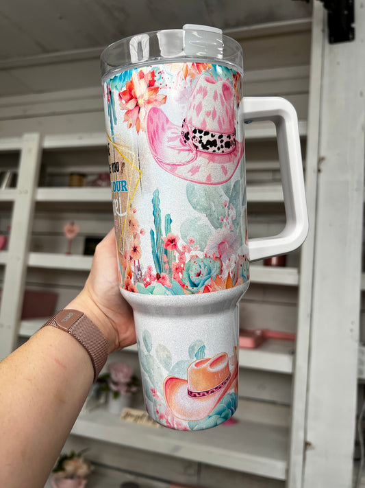 Cowgirl Shimmer Hat 40oz tumbler, Girly Cowgirl quencher, Western Tumbler