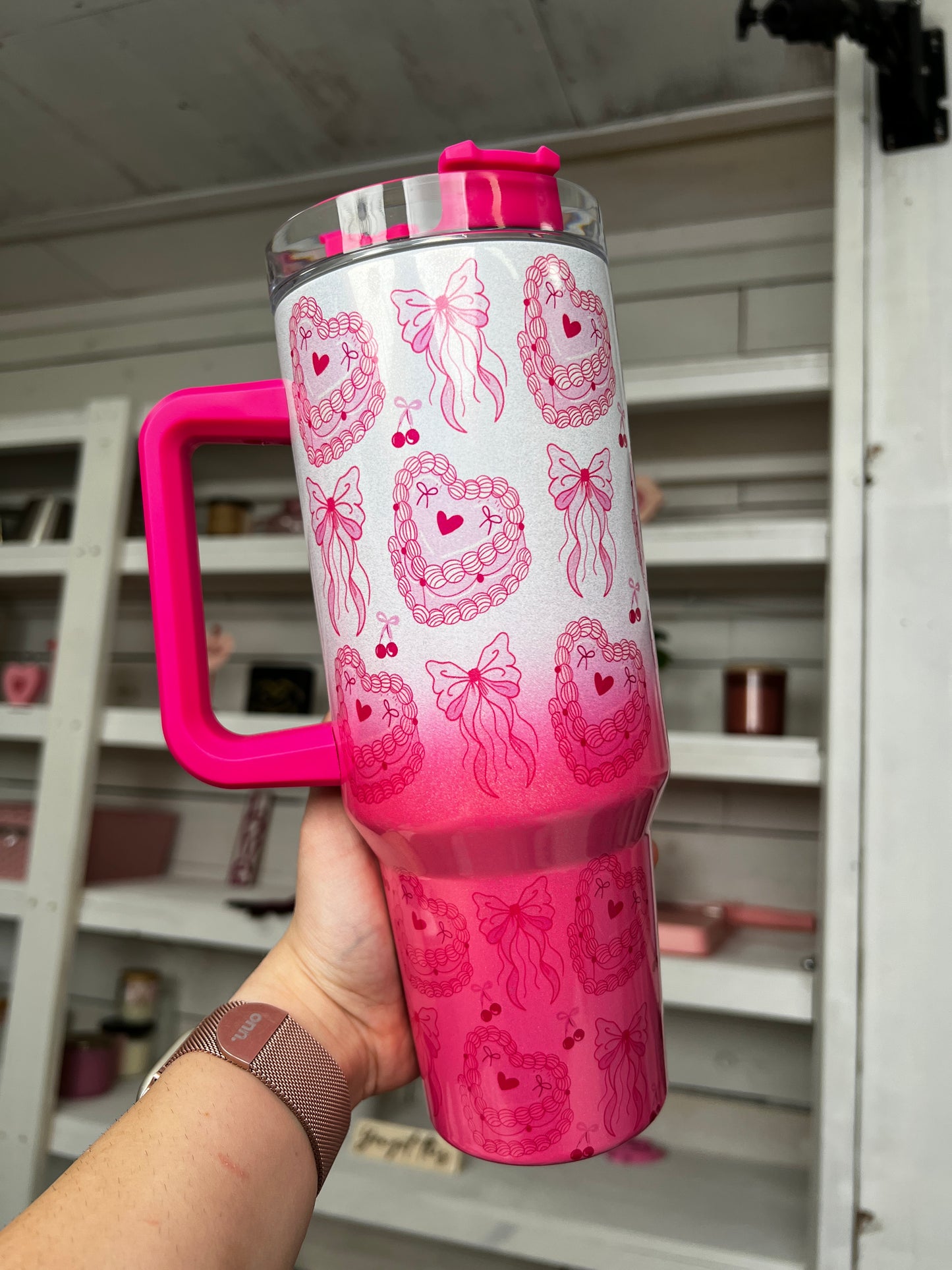 Coquette Cake Pink 40oz tumbler, Girly Pink Cake quencher, Hot Pink Cake tumbler