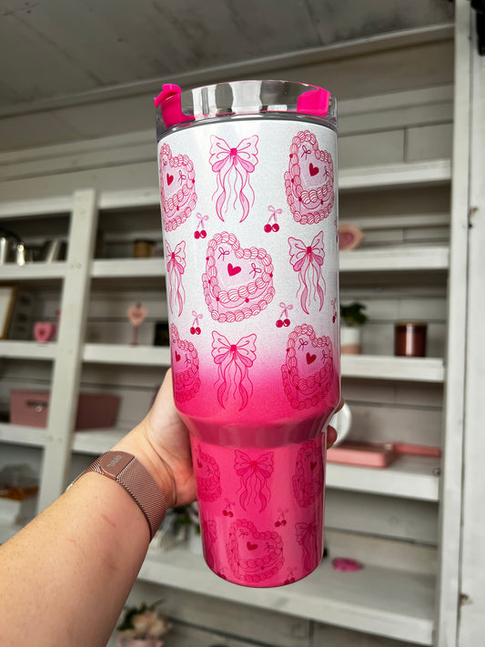Coquette Cake Pink 40oz tumbler, Girly Pink Cake quencher, Hot Pink Cake tumbler