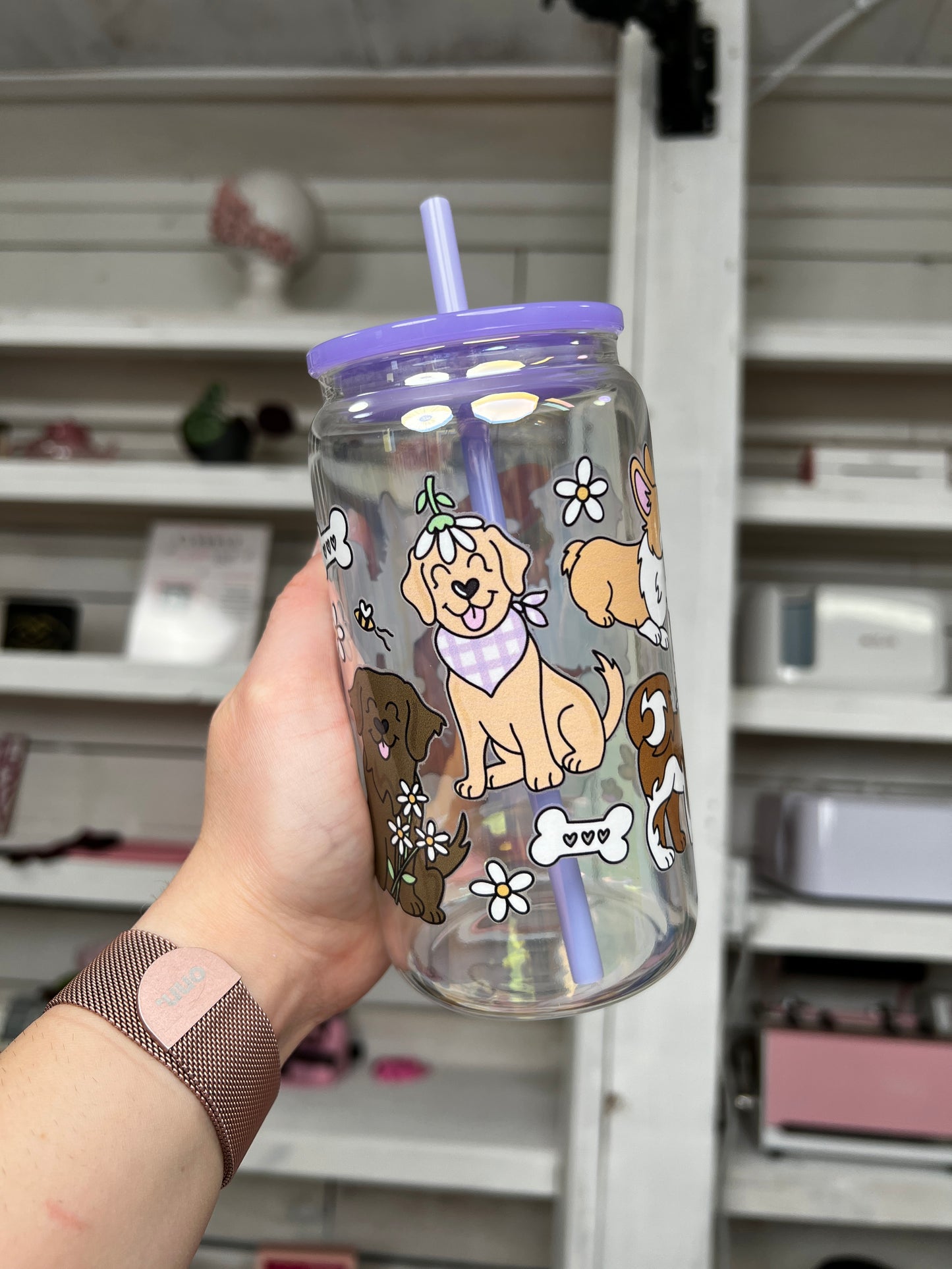 Pups and Spring 16oz Glass Can, Spring Vibes custom glass, Dog Lover Vibes custom glass