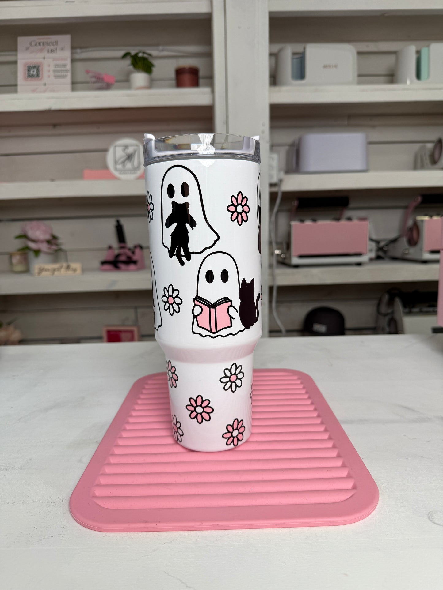 Cute Ghosties 40oz tumbler, Book Ghosts quencher, Ghost Cat Coffee custom tumbler
