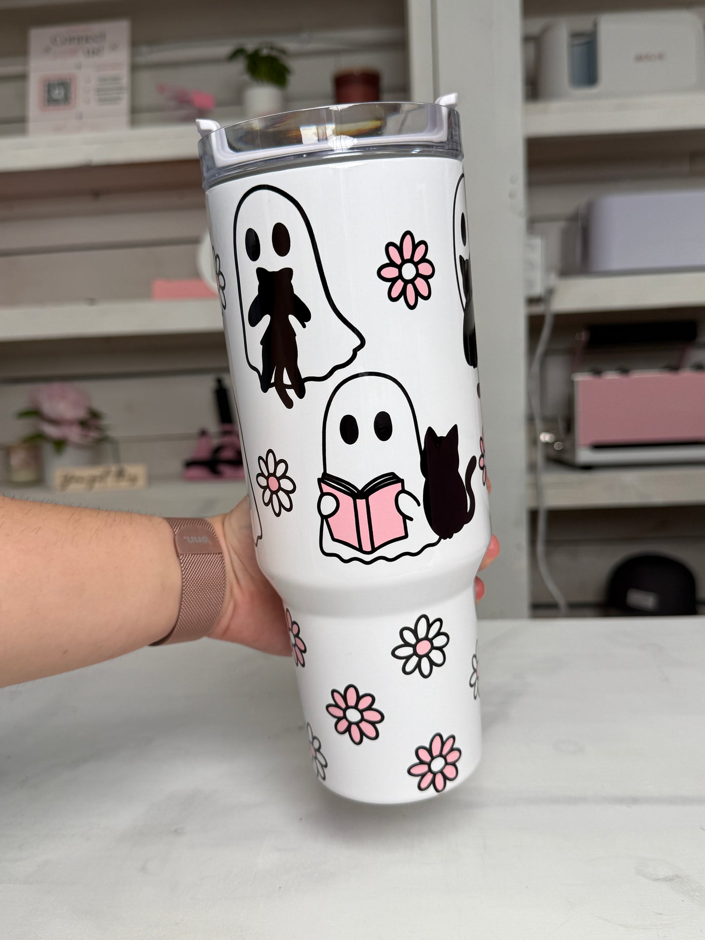 Cute Ghosties 40oz tumbler, Book Ghosts quencher, Ghost Cat Coffee custom tumbler