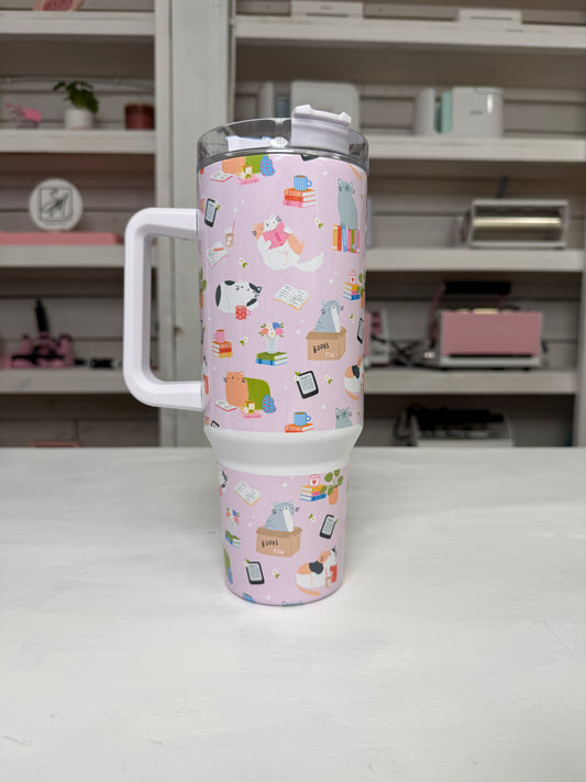 Bookish Cats 40oz tumbler, Book Vibes quencher, Books and Cats custom tumbler