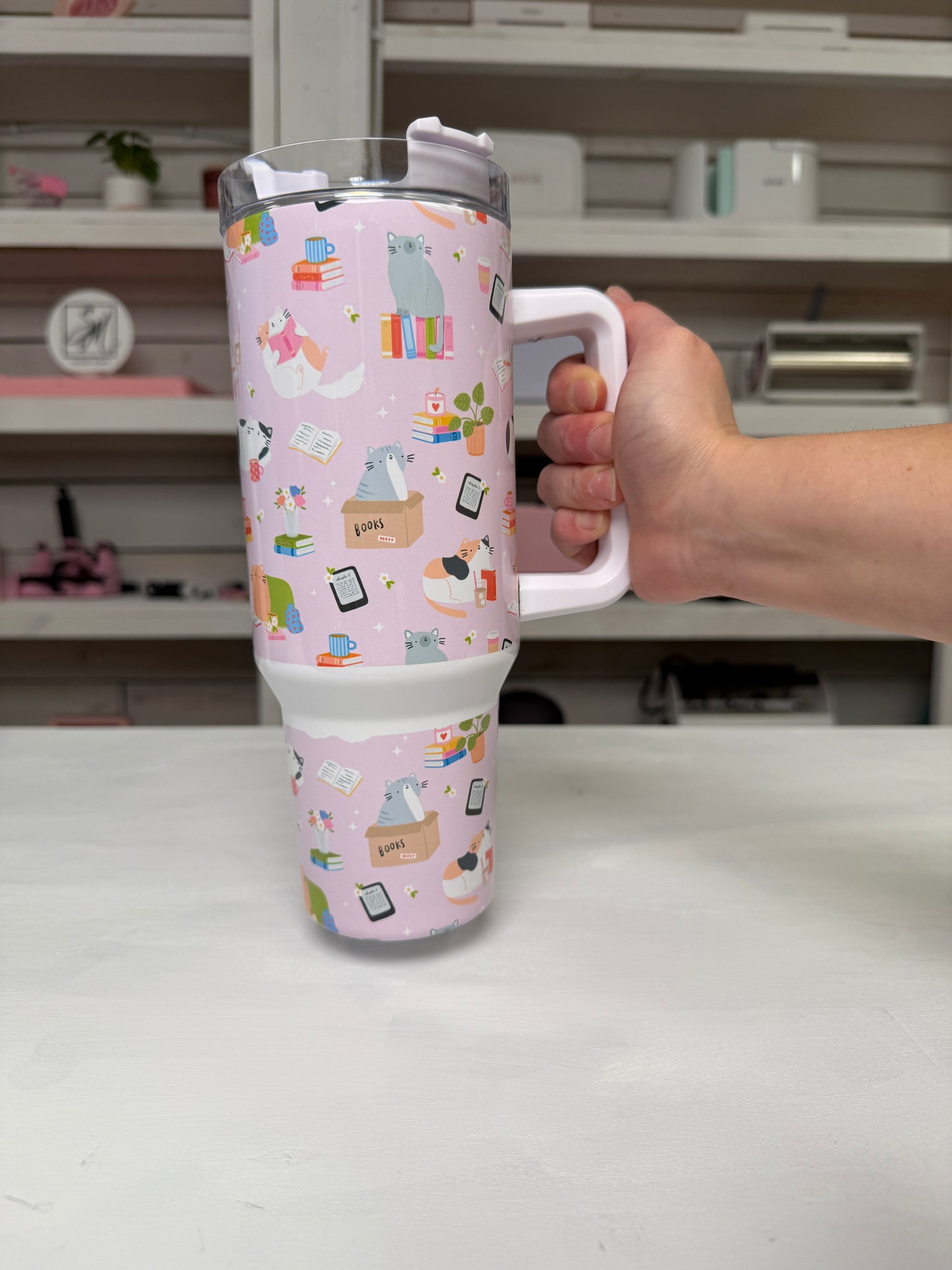 Bookish Cats 40oz tumbler, Book Vibes quencher, Books and Cats custom tumbler