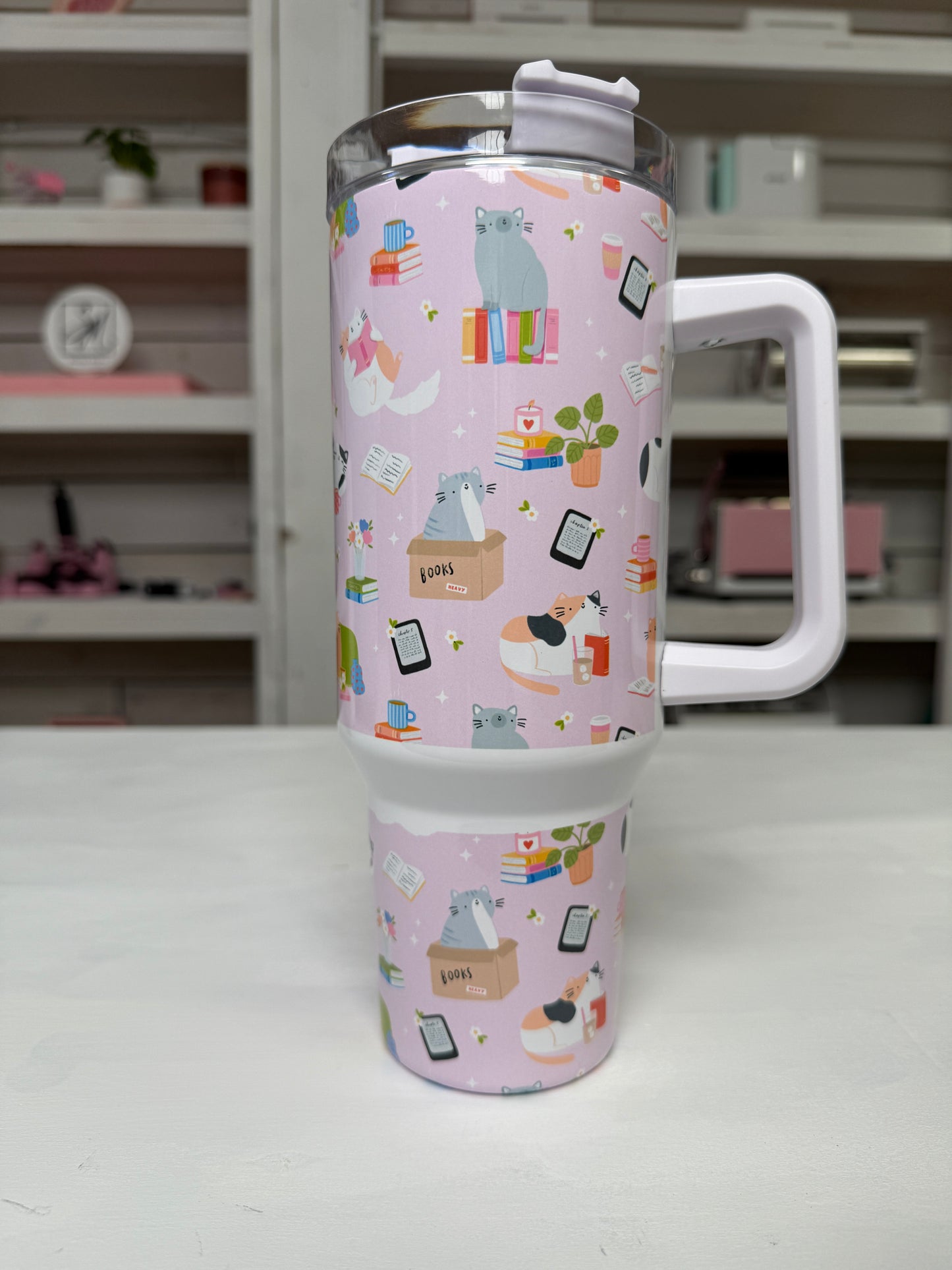 Bookish Cats 40oz tumbler, Book Vibes quencher, Books and Cats custom tumbler