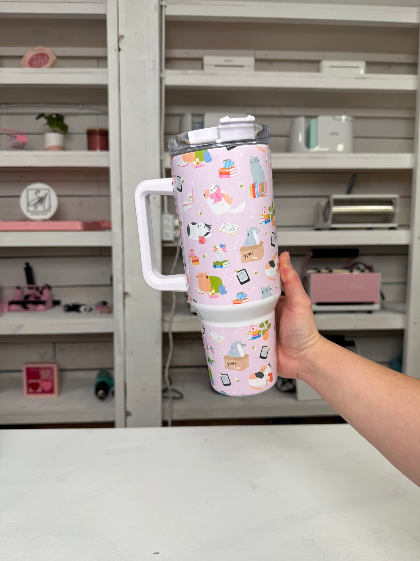 Bookish Cats 40oz tumbler, Book Vibes quencher, Books and Cats custom tumbler