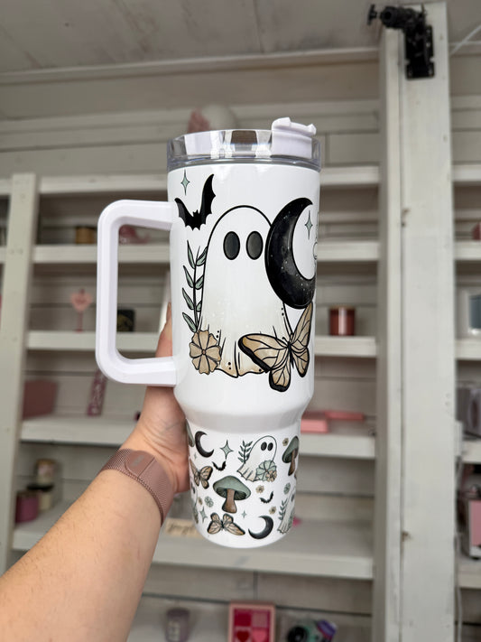 Boho Ghostie 40oz tumbler, Retro Ghost quencher, Ghostie tumbler