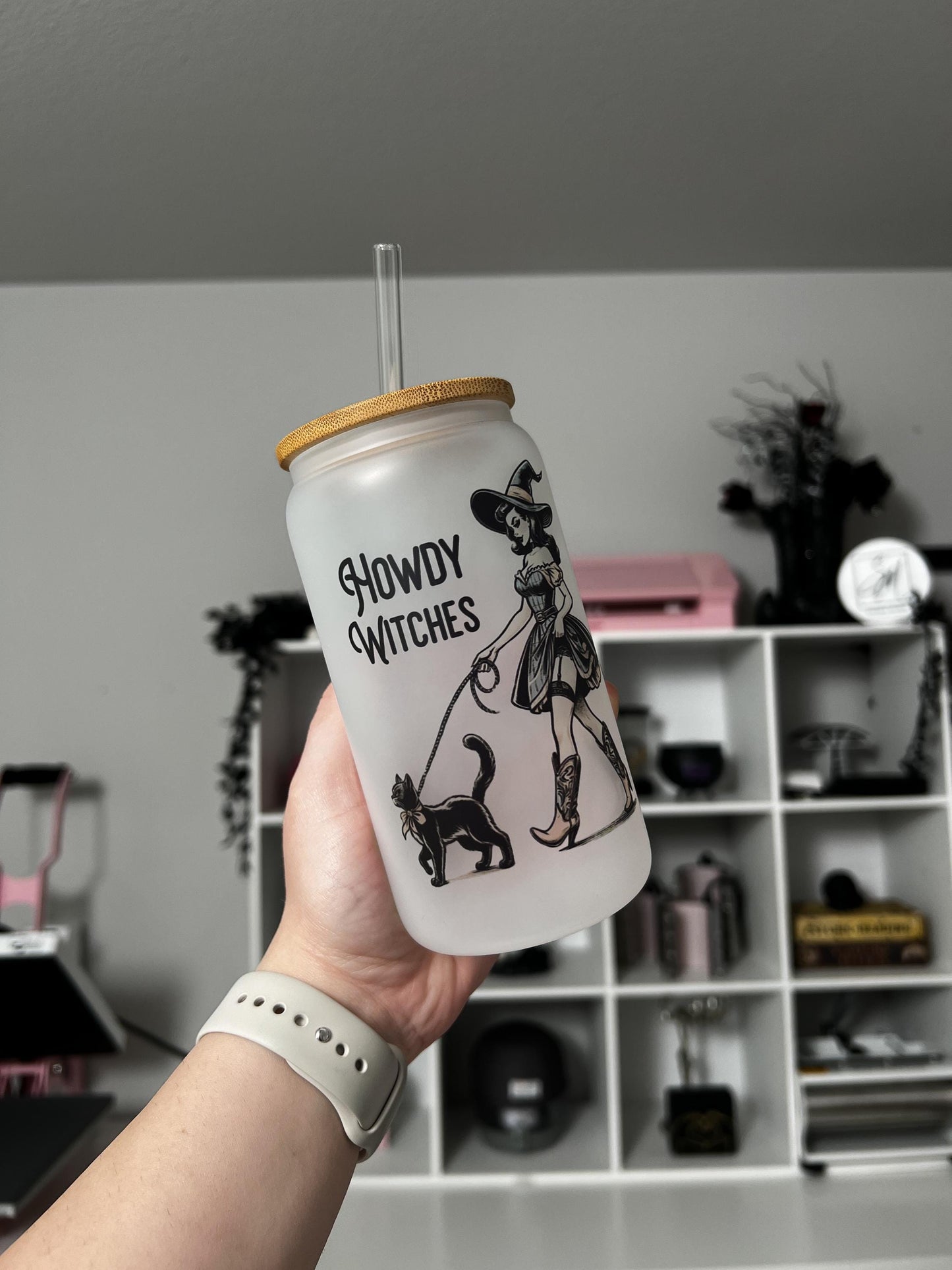 Howdy Witches 16oz Glass, Cute Witch and Cat custom glass, Spooky custom glass
