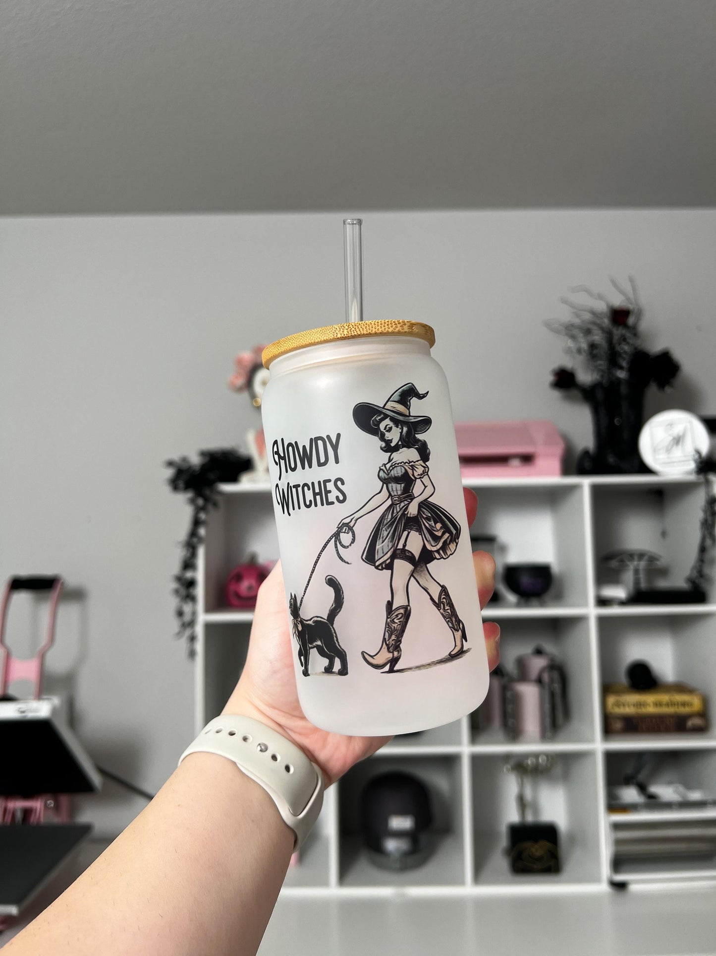 Howdy Witches 16oz Glass, Cute Witch and Cat custom glass, Spooky custom glass