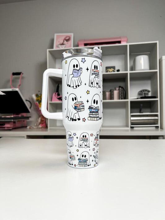 Book Ghosties 40oz tumbler, Book Ghosts quencher, Ghost Books custom tumbler