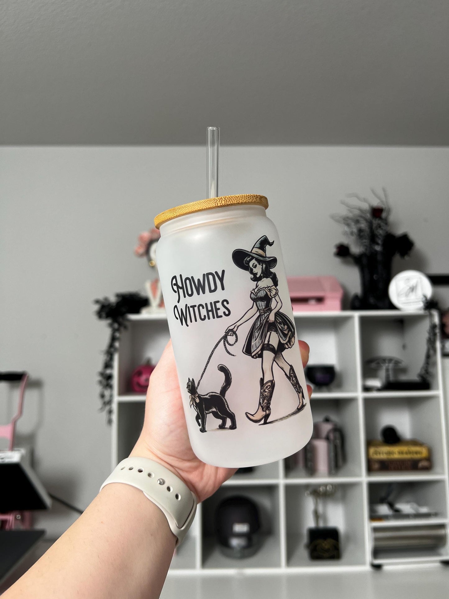 Howdy Witches 16oz Glass, Cute Witch and Cat custom glass, Spooky custom glass