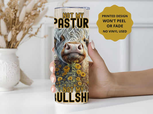 Not My Pasture Not My BS Tumbler, Cow Tumbler, Cow Lover Gifts, Mental Health Gift, 20oz Skinny Tumbler with Lid & Straw