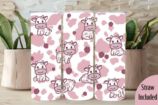 Strawberry Cow Tumbler, Cow Tumbler, Cow Lover Gift, Strawberry Milk, 20oz Skinny Tumbler with Lid & Straw