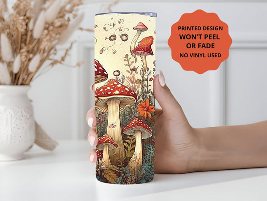 Mushroom Tumbler, Retro Mushroom Tumbler, Gift, 20oz Skinny Tumbler with Lid & Straw