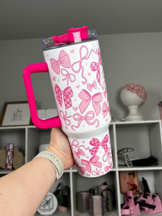 Coquette 40oz tumbler, Girly Pink Coquette quencher, Coquette Bows custom tumbler