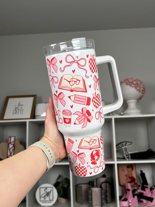 Teacher Coquette 40oz tumbler, Coquette quencher, Coquette Bows custom tumbler