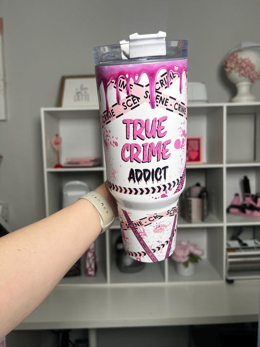 True Crime Addict 40oz tumbler, True Crime Lover quencher, Pink True Crime custom tumbler