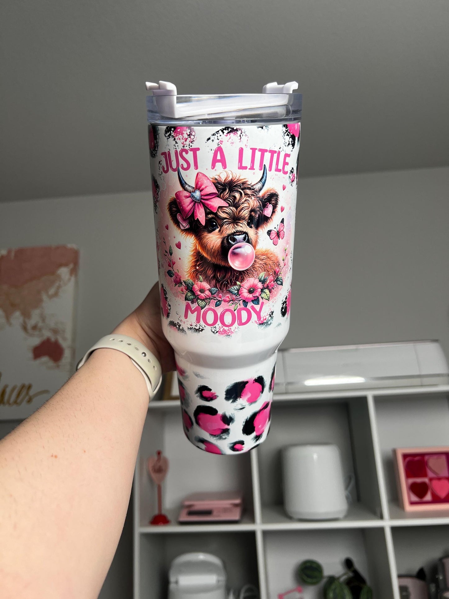 Just A Little Moody 40oz tumbler, Funny quencher, Cow Print custom tumbler