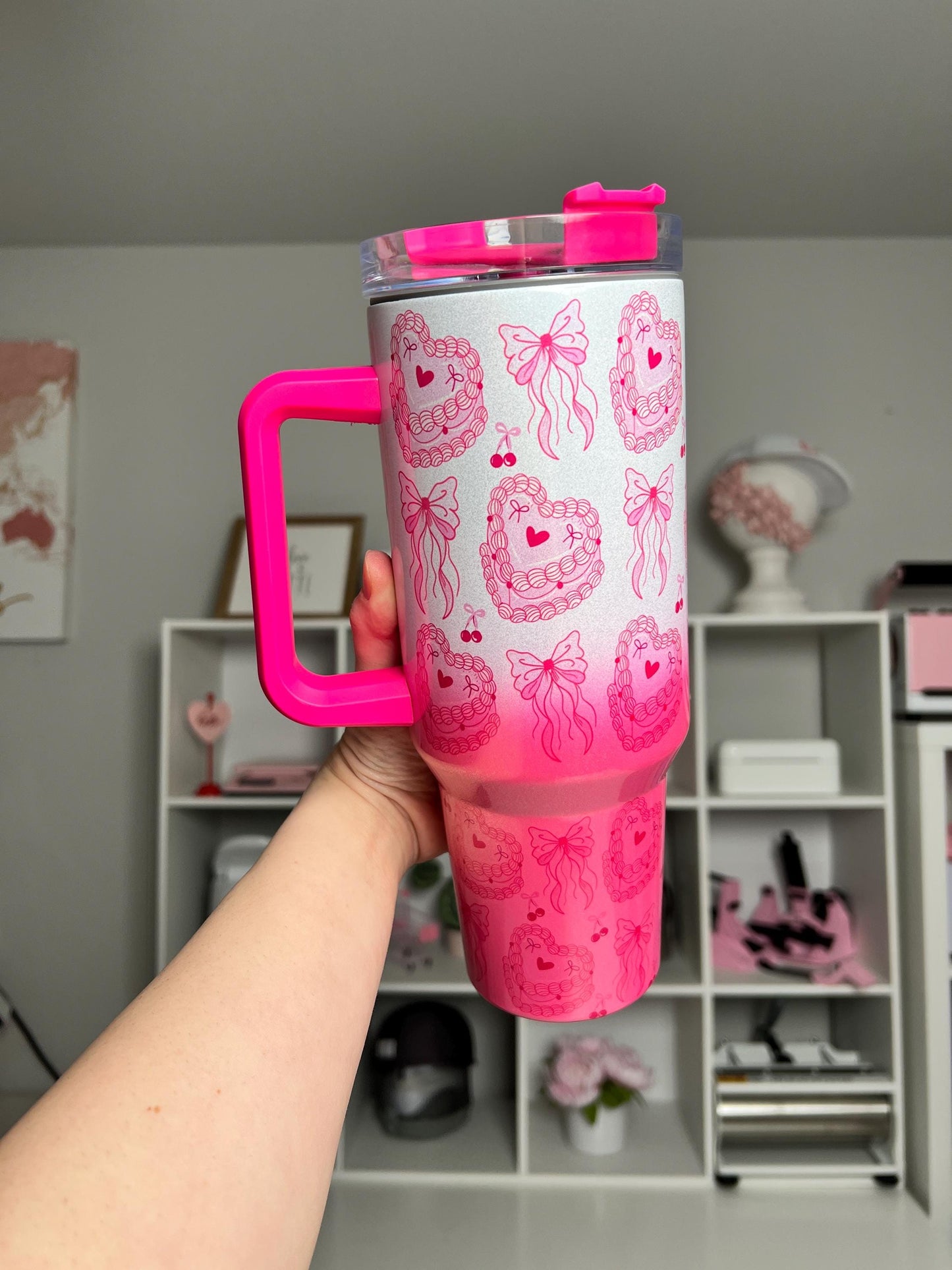 Coquette Cake Pink Ombre 40oz tumbler, Girly Pink Cake Coquette quencher, Hot Pink Cake custom tumbler