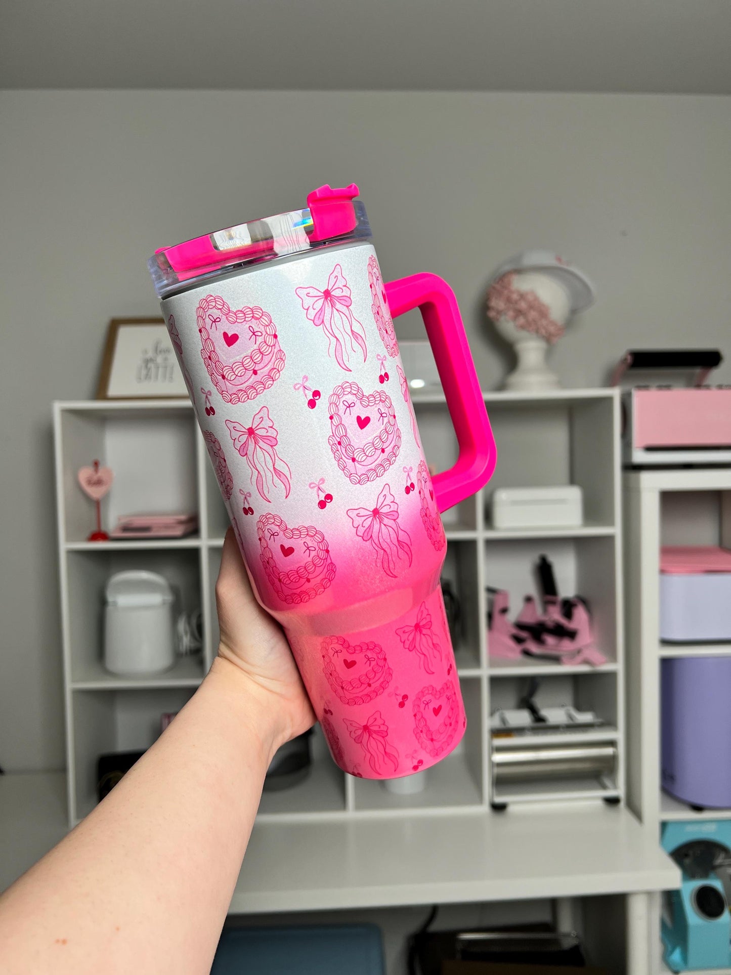 Coquette Cake Pink Ombre 40oz tumbler, Girly Pink Cake Coquette quencher, Hot Pink Cake custom tumbler