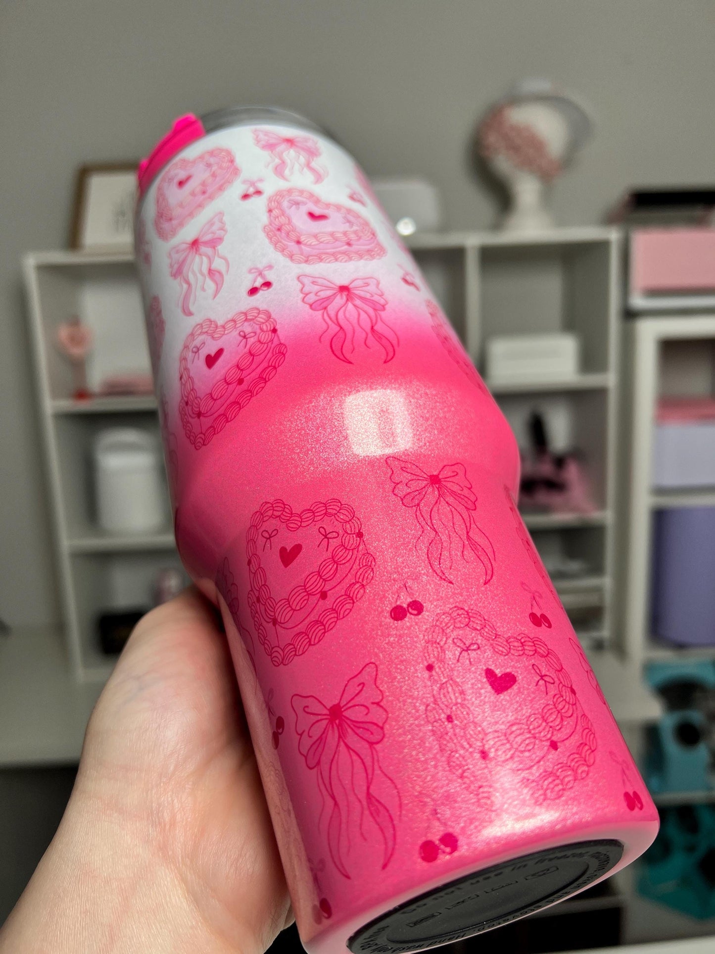 Coquette Cake Pink Ombre 40oz tumbler, Girly Pink Cake Coquette quencher, Hot Pink Cake custom tumbler