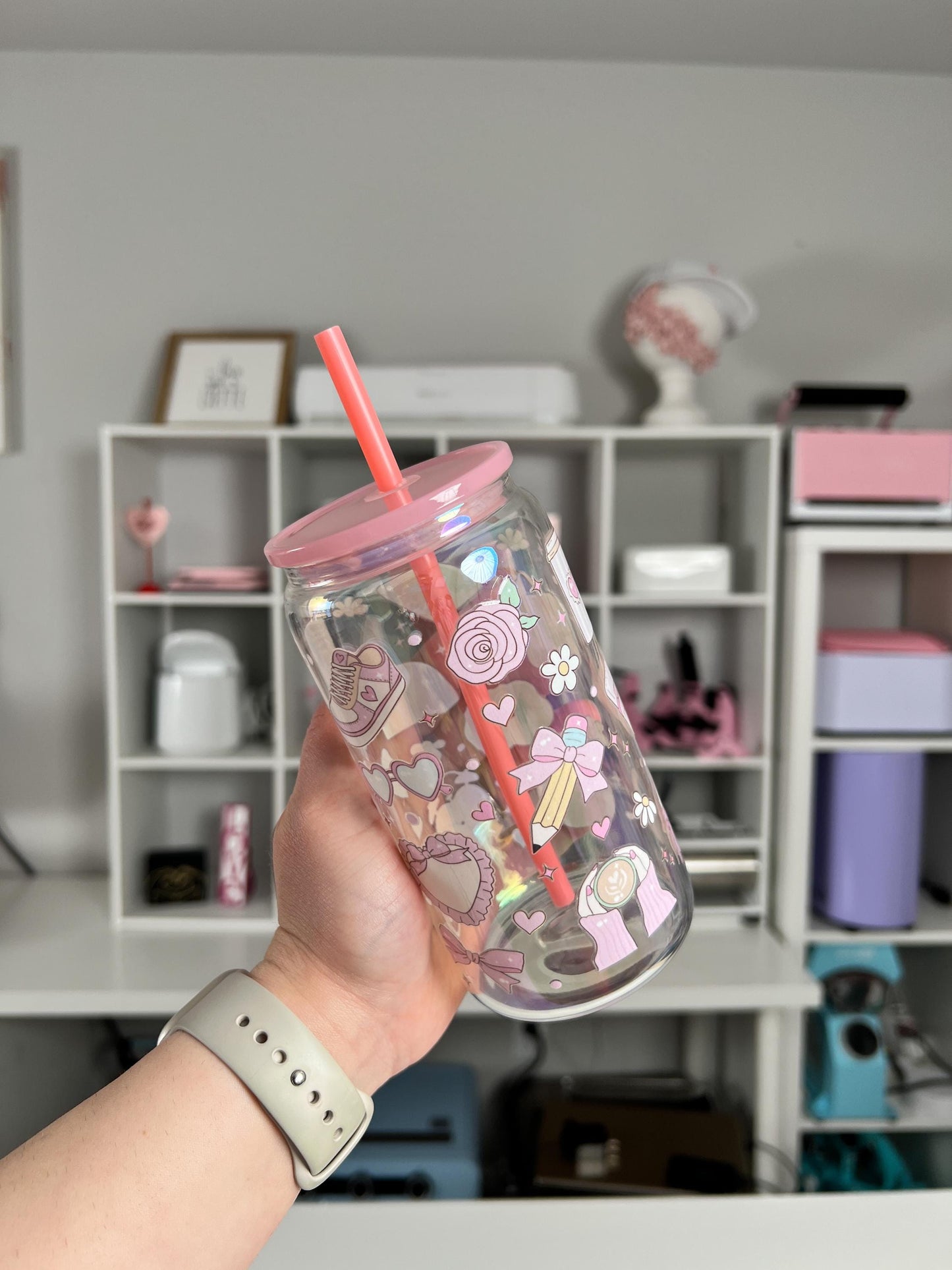 Office Girly 16oz Glass Can, Girly Vibes custom glass, Working Girlie custom glass
