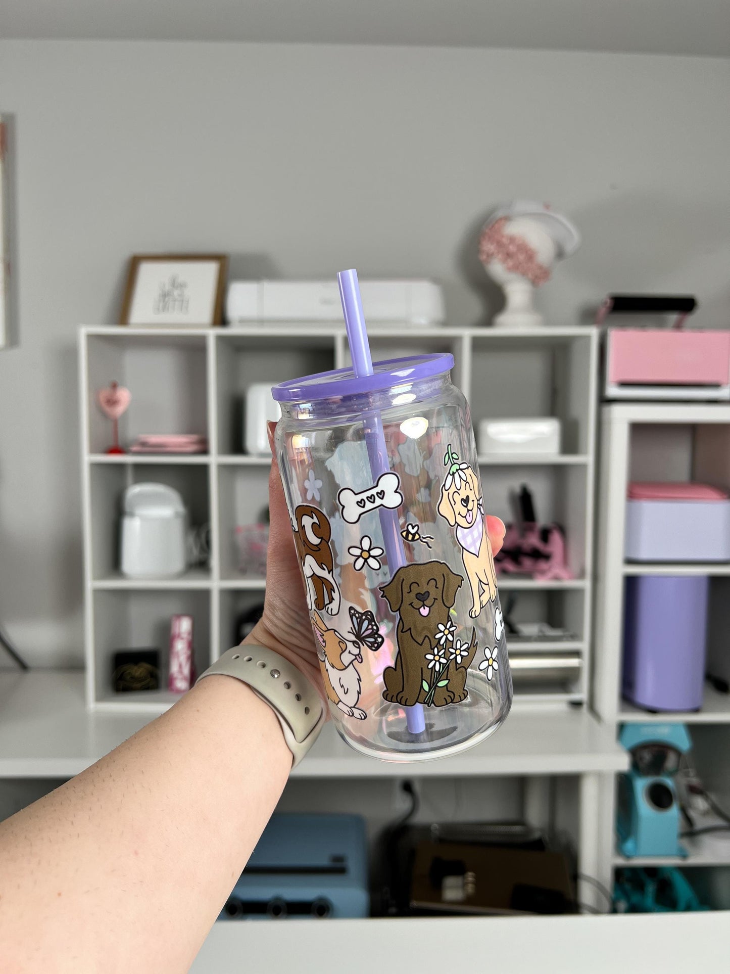 Pups and Spring 16oz Glass Can, Spring Vibes custom glass, Dog Lover Vibes custom glass