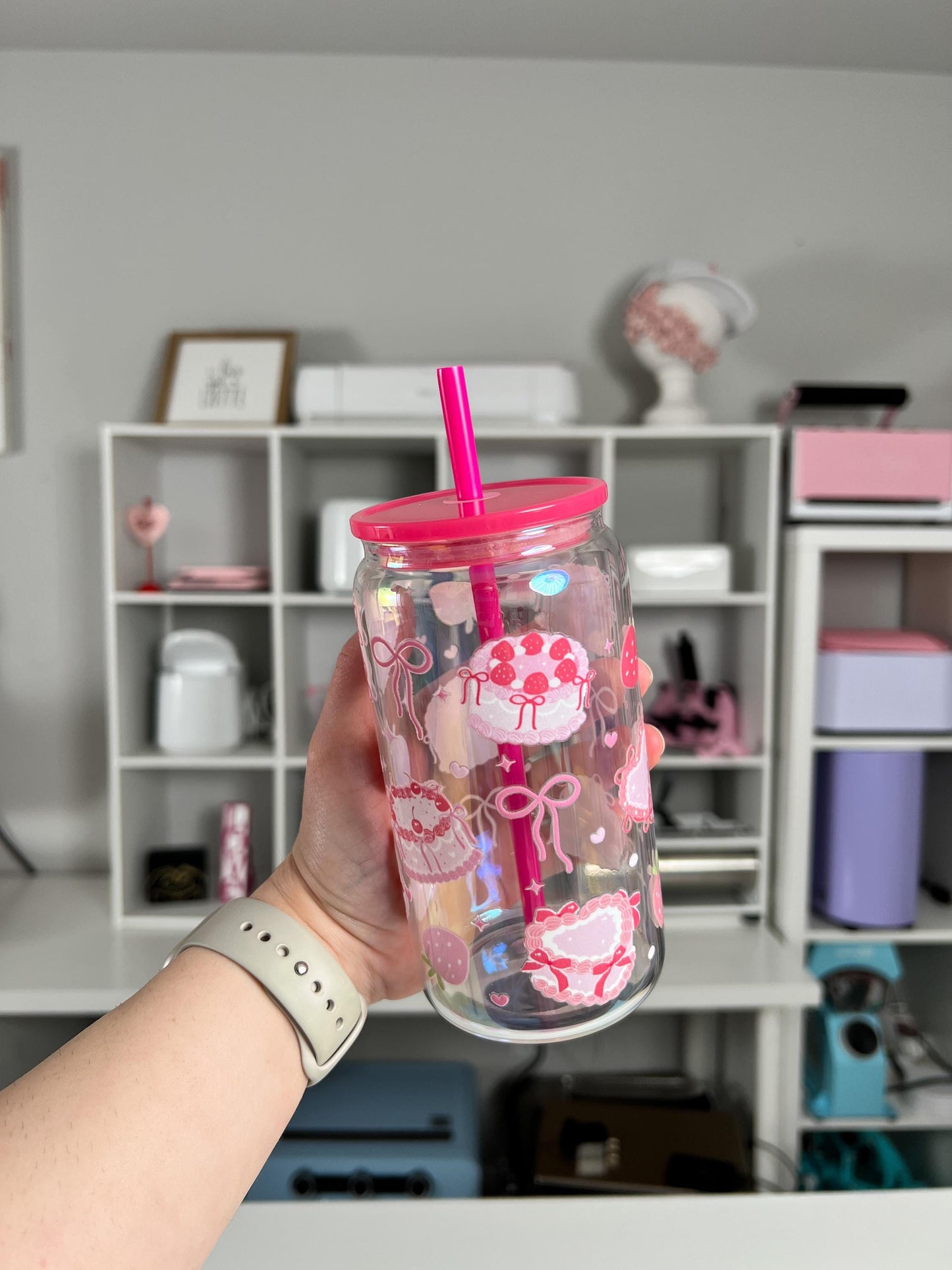 Coquette Cake 16oz Glass Can, Cake Vibes custom glass, Coquette Vibes custom glass