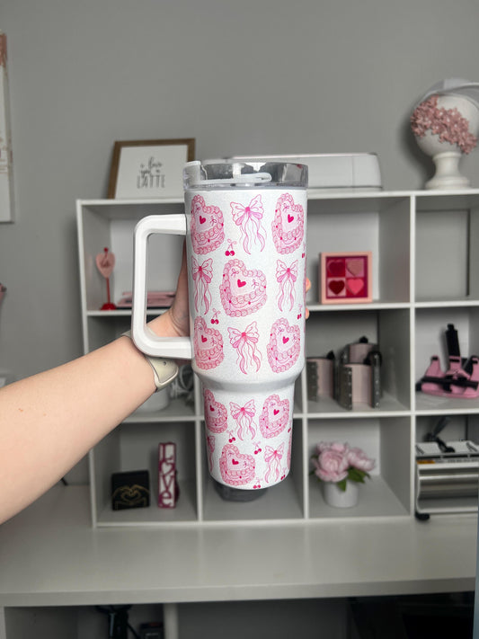 Coquette Cake 40oz tumbler, Girly Cake Coquette quencher, Pink Cake custom tumbler
