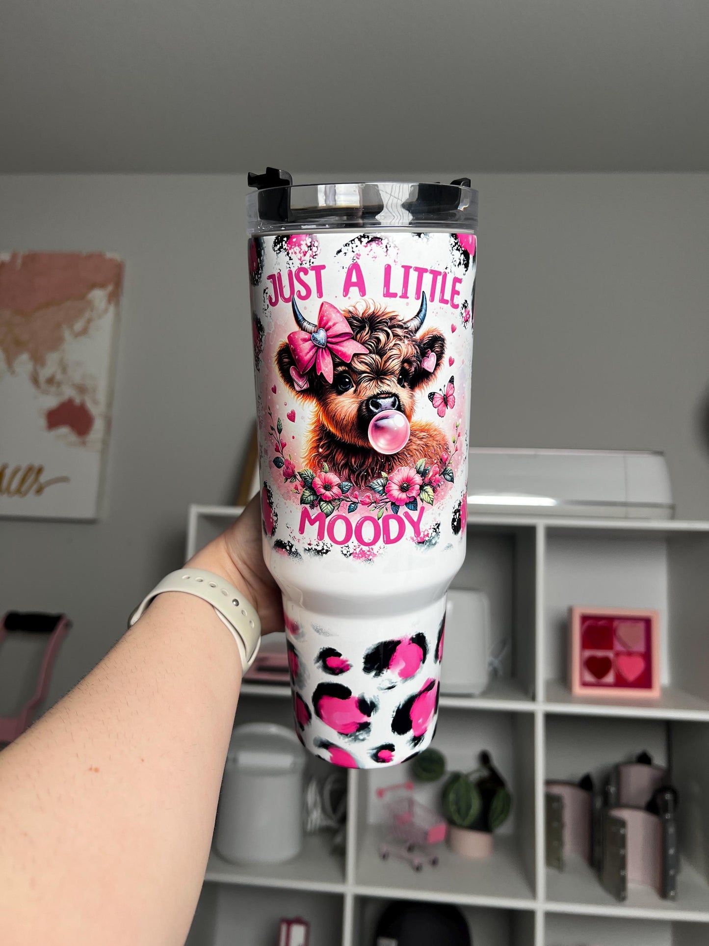 Just A Little Moody 40oz tumbler, Funny quencher, Cow Print custom tumbler