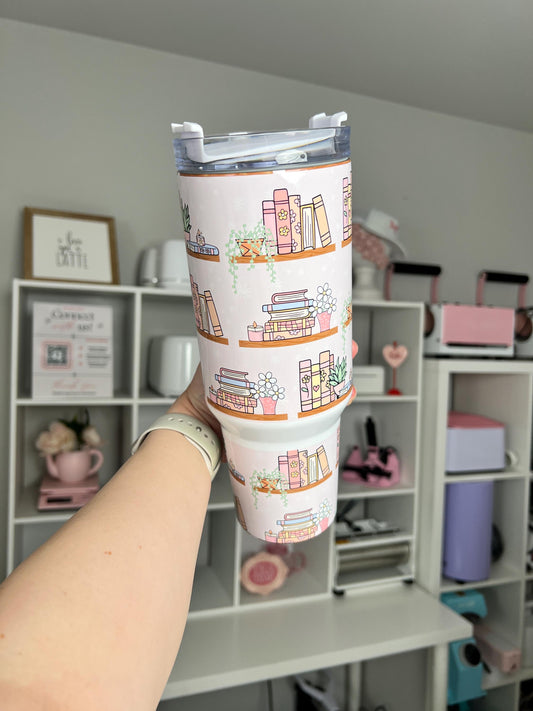 Bookshelf 40oz tumbler, Book Vibes quencher, Books and Plants custom tumbler