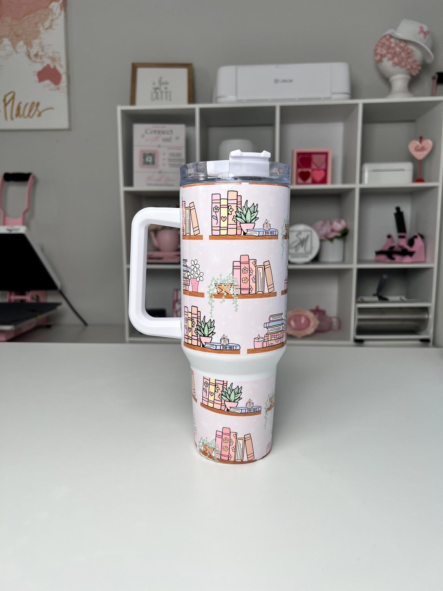 Bookshelf 40oz tumbler, Book Vibes quencher, Books and Plants custom tumbler