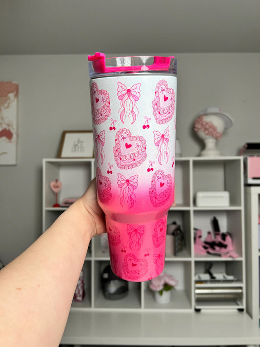 Coquette Cake Pink Ombre 40oz tumbler, Girly Pink Cake Coquette quencher, Hot Pink Cake custom tumbler