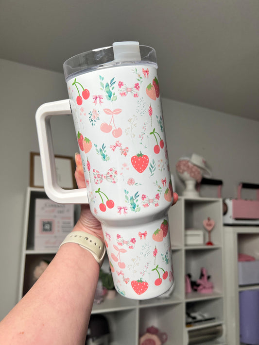 Coquette Cottage 40oz tumbler, Strawberry Fields quencher, Coquette Strawberry custom tumbler