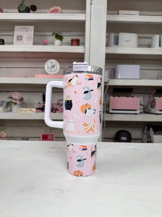 Halloween Bookish Cats 40oz tumbler, Spooky Book Vibes quencher, Halloween Books and Cats custom tumbler