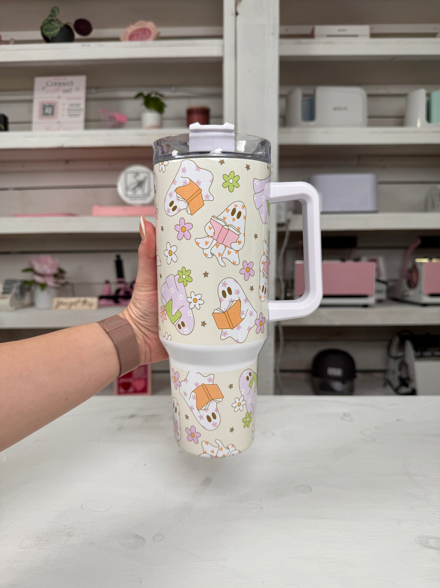 Groovy Ghosties 40oz tumbler, Retro Ghosties quencher, Floral Ghosts custom tumbler