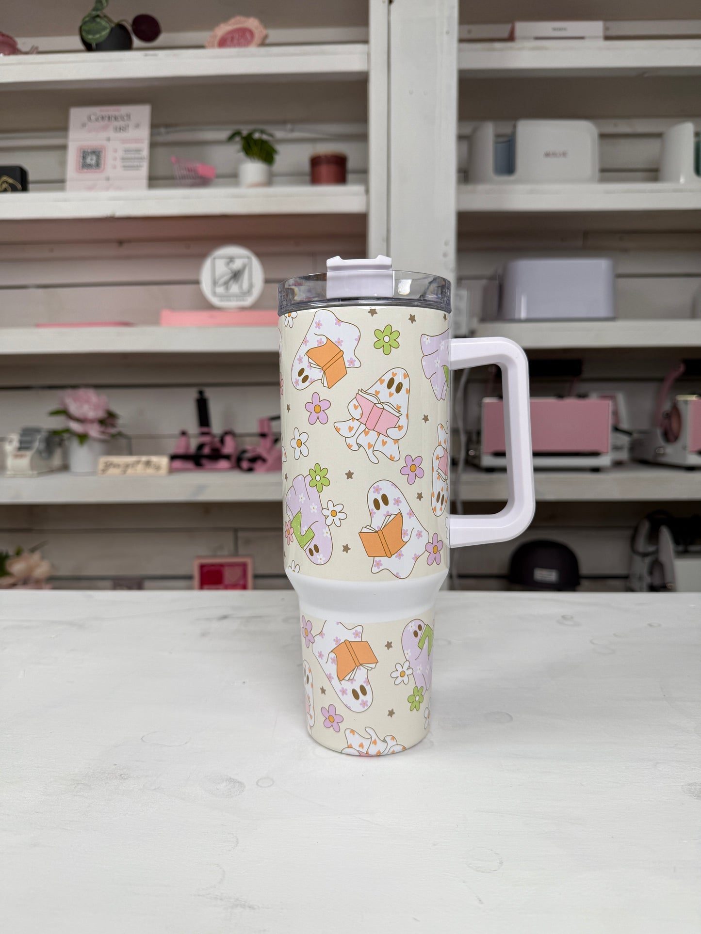 Groovy Ghosties 40oz tumbler, Retro Ghosties quencher, Floral Ghosts custom tumbler