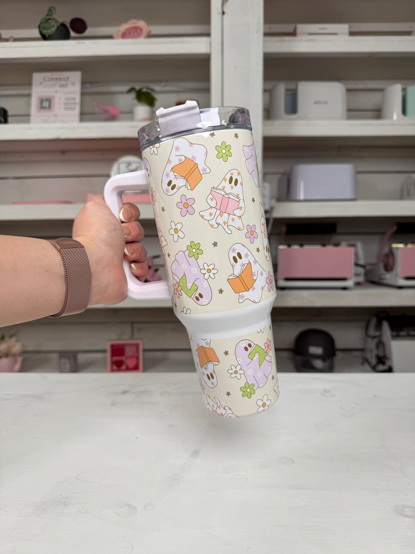 Groovy Ghosties 40oz tumbler, Retro Ghosties quencher, Floral Ghosts custom tumbler